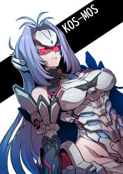 Rule 34 | 1girl, android, blue hair, breasts, closed mouth, elbow gloves, forehead protector, gloves, highres, kos-mos, kos-mos re:, leotard, long hair, red eyes, simple background, solo, tukiwani, very long hair, xenosaga