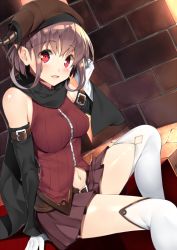 Rule 34 | 1girl, bare shoulders, breasts, brown hair, cape, demon girl, demon horns, detached collar, gloves, hat, horns, large breasts, long sleeves, looking at viewer, navel, open mouth, original, pointy ears, red eyes, shirt, sitting, skirt, smile, solo, thighhighs, thighs, white gloves, white thighhighs, wide sleeves, yappen, yatsu (sasuraino), zettai ryouiki