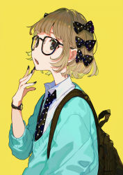 Rule 34 | 1girl, backpack, bag, black-framed eyewear, black nails, bow, commentary request, fingernails, from side, glasses, grey eyes, hair bow, hand up, light brown hair, long sleeves, looking away, multiple hair bows, nail polish, necktie, open mouth, original, polka dot, polka dot bow, polka dot neckwear, school uniform, short hair, simple background, solo, sweater, upper body, watch, wing collar, wristwatch, yellow background, yuu (higashi no penguin)