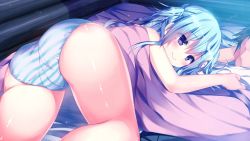 Rule 34 | 1girl, ass, bed, bed sheet, blue hair, blush, cameltoe, cleft of venus, from behind, game cg, kino (kino konomi), kino konomi, konomi (kino konomi), legs, long hair, looking away, lying, nakano mei, panties, purple eyes, shirogane x spirits, smile, striped clothes, striped panties, thighs, underwear