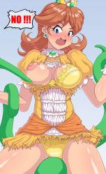 Rule 34 | 1girl, angry, assisted exposure, blue background, blue eyes, blush, breasts, brown hair, constricted pupils, crown, dress, earrings, fang, gem, highres, jewelry, kihaiu, large breasts, long hair, mario (series), nintendo, nipples, nose blush, open mouth, panties, princess daisy, puffy short sleeves, puffy sleeves, short sleeves, solo, speech bubble, super mario land, tentacles, thighs, tomboy, tongue, torn clothes, underwear, wardrobe malfunction, yellow dress, yellow panties