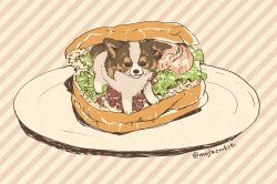 Rule 34 | animal focus, black eyes, bread, dog, food, food focus, lettuce, looking at viewer, meat, mojacookie, no humans, original, oversized food, oversized object, plate, sandwich, sandwiched, standing, striped, striped background, twitter username, vegetable