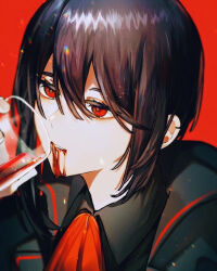 Rule 34 | 1boy, androgynous, asymmetrical sidelocks, black hair, black jacket, black shirt, blood, blood from mouth, collared shirt, cup, double-parted bangs, drinking, ear piercing, expressionless, hair between eyes, highres, holding, holding cup, jacket, kanmiya (amamia06-16), lapels, looking ahead, male focus, neck ribbon, notched lapels, original, parted lips, piercing, portrait, red background, red eyes, red ribbon, ribbon, shirt, short hair, sidelocks, simple background, solo