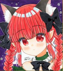 Rule 34 | 1girl, :/, adapted costume, animal ear fluff, animal ears, bare shoulders, black bow, black bowtie, blunt bangs, bow, bowtie, braid, cat ears, closed mouth, detached collar, extra ears, frills, hair bow, kaenbyou rin, light blush, long hair, looking at viewer, pointy ears, portrait, purple background, red eyes, red hair, sidelocks, simple background, solo, touhou, twin braids, zenra1112