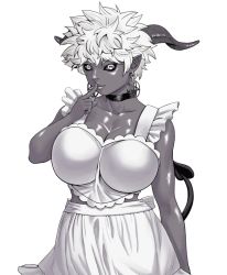 Rule 34 | 1girl, apron, black sclera, breasts, character request, choker, cleavage, collarbone, colored sclera, cowboy shot, dark-skinned female, dark skin, demon girl, demon horns, earrings, elf-san wa yaserarenai., finger to mouth, frills, goat eyes, goat horns, greyscale, horns, jewelry, large breasts, lips, monochrome, naked apron, pentagram, pointy ears, satero (elf-san wa yaserarenai.), satyr, shinonome (game hakkutsu tai), shiny skin, short hair, skirt, solo, white background