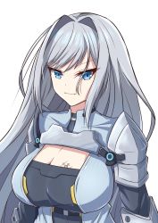 Rule 34 | 1girl, armor, blue eyes, breast tattoo, breasts, cleavage, cleavage cutout, clothing cutout, ethel (xenoblade), highres, large breasts, light xion, long hair, shoulder armor, silver hair, simple background, solo, tattoo, very long hair, white background, xenoblade chronicles (series), xenoblade chronicles 3