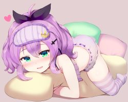 Rule 34 | 1girl, ahoge, azur lane, blush, commentary request, fuki to takenoko, green eyes, hair ornament, hairclip, heart, highres, hugging object, javelin (azur lane), javelin (operation: pillow fight!) (azur lane), looking at viewer, nose blush, pillow, pillow hug, purple hair, purple thighhighs, sleep mask, solo, striped clothes, striped thighhighs, thighhighs