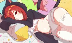 Rule 34 | 1girl, :3, animal hood, azur lane, bow, breasts, cat hood, cat tail, crop top, hood, hoodie, i-19 (azur lane), i-19 (pillowy paradise) (azur lane), medium hair, midriff, navel, official alternate costume, on bed, one eye closed, pillow, red eyes, red hair, shanghai kani, short shorts, shorts, sleeves past wrists, solo, star (symbol), tail, tail bow, tail ornament, thighhighs, twitter username, underboob, white thighhighs, wide hips