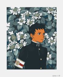 Rule 34 | 1boy, 23011620x, ace attorney, armband, black eyes, black hair, black jacket, border, buttons, closed mouth, dated, flower, frown, gakuran, highres, jacket, leaf, long sleeves, male focus, ryunosuke naruhodo, school uniform, short hair, solo, the great ace attorney, upper body, white border, white flower