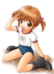 Rule 34 | 1girl, boots, brown eyes, brown hair, buruma, child, ebifly, short twintails, sitting, solo, twintails, wariza
