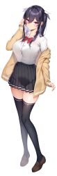 Rule 34 | 1girl, absurdres, black hair, black skirt, black thighhighs, blush, bow, bowtie, breasts, brown footwear, collared shirt, full body, hair between eyes, hair ribbon, highres, jacket, large breasts, loafers, long hair, long sleeves, looking at viewer, off shoulder, open clothes, open jacket, original, pleated skirt, red bow, red bowtie, ribbon, ryuji (ikeriu), shirt, shoes, simple background, skindentation, skirt, sleeves past wrists, solo, thighhighs, two side up, white background, white ribbon, white shirt, yellow jacket, zettai ryouiki