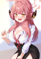 Rule 34 | 1girl, aru (blue archive), black skirt, blue archive, blush, breasts, brown horns, cleavage, collarbone, collared shirt, cowboy shot, demon horns, fingernails, halo, highres, horns, large breasts, long hair, open mouth, pink hair, pink halo, shinori (efvbji6264), shirt, skirt, solo, white shirt, yellow eyes