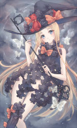 Rule 34 | 1girl, abigail williams (fate), abigail williams (second ascension) (fate), asymmetrical legwear, black bow, black hat, black panties, black thighhighs, blonde hair, blue eyes, blush, bow, breasts, bug, butterfly, cerithe, fate/grand order, fate (series), hat, head tilt, insect, key, long hair, looking at viewer, orange bow, oversized object, panties, polka dot, polka dot bow, revealing clothes, single thighhigh, solo, thighhighs, topless, underwear, uneven legwear, very long hair, witch hat
