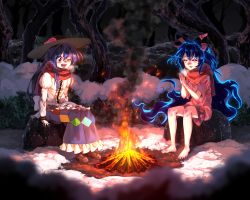 Rule 34 | 2girls, barefoot, black headwear, blue hair, blue skirt, blush, breath, brown footwear, campfire, closed eyes, cold, commentary, commission, debt, dirty, dirty feet, drawstring, dress, food, fruit, grey hoodie, hat, highres, hinanawi tenshi, hood, hood down, hoodie, juliet sleeves, layered dress, leaf, long hair, long skirt, long sleeves, looking down, miniskirt, multiple girls, night, one eye closed, open mouth, outdoors, own hands together, peach, puffy sleeves, red eyes, red scarf, rock, scarf, sidelocks, sitting, sitting on rock, skirt, smile, smoke, snow, sunnysideup, teeth, touhou, tree, under tree, upper teeth only, very long hair, winter, yorigami shion
