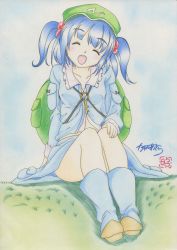 Rule 34 | 1girl, backpack, bag, blue hair, buriki, collarbone, colored pencil (medium), derivative work, dress, closed eyes, grass, hair bobbles, hair ornament, hat, highres, kawashiro nitori, key, open mouth, pocket, shirt, short hair, signature, sitting, skirt, skirt set, smile, solo, touhou, traditional media, twintails, two side up