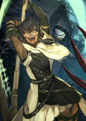 Rule 34 | 1girl, armpits, arms up, au ra, black hair, black horns, black nails, blood, claws, cowboy shot, crazy eyes, crazy smile, dark-skinned female, dark skin, elbow gloves, fangs, final fantasy, final fantasy xiv, fingernails, glasses, gloves, glowing, glowing weapon, hair between eyes, hide (hideout), highres, holding, holding weapon, horn ornament, horn ring, horns, incoming attack, injury, jewelry, long hair, nail polish, open mouth, reaper (final fantasy), scales, scratches, scythe, semi-rimless eyewear, smile, teeth, thigh strap, tongue, tunic, under-rim eyewear, voidsent, warrior of light (ff14), weapon