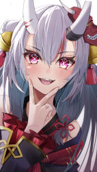 Rule 34 | 1girl, absurdres, bare shoulders, bell, fang, grey hair, hair bell, hair between eyes, hair ornament, highres, hololive, horns, japanese clothes, kimono, long hair, long sleeves, looking at viewer, mask, mask on head, multicolored hair, nakiri ayame, nakiri ayame (1st costume), natsuki (muravito), oni mask, open mouth, oshi no ko, pink eyes, red hair, skin-covered horns, smile, solo, star-shaped pupils, star (symbol), streaked hair, symbol-shaped pupils, upper body, v over mouth, virtual youtuber, white background, wide sleeves