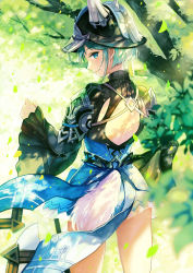 Rule 34 | 1girl, aqua hair, arm guards, axe, back cutout, character request, clothing cutout, cowboy shot, dappled sunlight, day, dress, fake horns, fox tail, from behind, green theme, helmet, highres, horned helmet, horns, looking at viewer, looking back, mabinogi, mabinogi heroes, nature, petals, profile, short dress, short hair, sibyl, smile, solo, sunlight, swept bangs, tail, tassel, turtleneck, wide sleeves, wind
