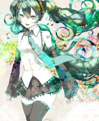 Rule 34 | 1girl, aqua hair, bad id, bad pixiv id, bare shoulders, curly hair, detached sleeves, hatsune miku, kunimura hakushi, lips, long hair, multicolored eyes, musical note, necktie, open mouth, pale skin, signature, skirt, smile, solo, thighhighs, twintails, very long hair, vocaloid, zettai ryouiki