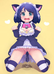 Rule 34 | 10s, 1girl, animal ears, bad id, bad pixiv id, bell, between legs, black hair, blue hair, blush, bow, bowtie, bra, breasts, cat ears, cat girl, cat tail, cleft of venus, curly hair, cyan (show by rock!!), dress, embarrassed, fang, female focus, female masturbation, female pubic hair, frilled dress, frills, full body, gothic lolita, green eyes, hayyan, headdress, heart, highres, kneeling, lolita fashion, long sleeves, looking at viewer, maid headdress, masturbation, no panties, object insertion, open clothes, open dress, open mouth, paw pose, pee, peeing, peeing self, pubic hair, purposeful wetting, pussy, ringlets, shoes, short hair, show by rock!!, simple background, solo, spread legs, striped clothes, striped thighhighs, tail, tail between legs, tail masturbation, thighhighs, uncensored, underwear, vaginal, vaginal object insertion, yellow background, yellow bra