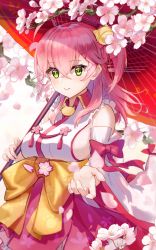 Rule 34 | 1girl, absurdres, ahoge, bare shoulders, bell, blush, bow, branch, breasts, cherry blossom print, cherry blossoms, closed mouth, commentary, detached sleeves, floral print, flower, green eyes, hair bell, hair between eyes, hair bow, hair ornament, hair over shoulder, hairclip, highres, holding, holding umbrella, hololive, japanese clothes, jingle bell, kimono, lims (neko2lims), long hair, long sleeves, looking at viewer, medium breasts, oil-paper umbrella, one side up, petals, pink bow, pink flower, pink hair, pleated skirt, print skirt, purple skirt, reaching, reaching towards viewer, red bow, red umbrella, sakura miko, sakura miko (1st costume), sideboob, skirt, sleeveless, sleeveless kimono, smile, solo, umbrella, virtual youtuber, white kimono, white sleeves, wide sleeves, x hair ornament