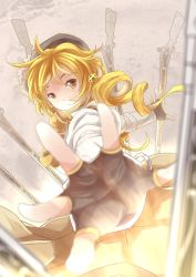 Rule 34 | 10s, 1girl, absurdres, beret, blonde hair, blurry, depth of field, detached sleeves, drill hair, eye reflection, field of blades, fingerless gloves, foreshortening, gloves, gun, hair ornament, hairpin, hat, highres, light smile, looking at viewer, magical girl, magical musket, mahou shoujo madoka magica, mahou shoujo madoka magica (anime), outstretched arms, outstretched hand, perspective, pleated skirt, puffy sleeves, reflection, ribbon, rifle, skirt, smile, solo, spread arms, srx61800, tomoe mami, twin drills, twintails, weapon, yellow eyes