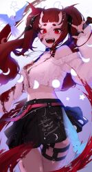 Rule 34 | 1girl, absurdres, baseball bat, belt, bird, black choker, black skirt, blood, blood on clothes, blood on face, blush, breasts, brown hair, choker, commission, english text, eyeshadow, fangs, floating hair, highres, holding, holding baseball bat, horns, indie virtual youtuber, looking at viewer, makeup, medium breasts, off-shoulder sweater, off shoulder, open mouth, pink belt, rakugaki suruhito, red eyes, red eyeshadow, ruby (vtuber), sharp teeth, short bangs, short eyebrows, sidelocks, skeb commission, skin-covered horns, skirt, smile, solo, sweater, teeth, thigh strap, twintails, virtual youtuber, white sweater