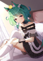 Rule 34 | 1girl, animal ears, blush, cat ears, cat girl, colored tips, detached sleeves, dress, green hair, hair ornament, highres, hololive, looking at viewer, multicolored hair, open mouth, red eyes, saki (saki paint), short hair, skull hair ornament, smile, solo, thighhighs, uruha rushia, uruha rushia (3rd costume), virtual youtuber, white thighhighs