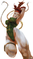 Rule 34 | 1girl, 21yc (september breeze), abs, armpits, belt, beret, blonde hair, blue eyes, braid, cameltoe, cammy white, covered navel, covered erect nipples, from below, gloves, groin, hat, highres, leotard, lips, long hair, solo, street fighter, twin braids, white background