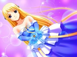 Rule 34 | 1girl, bare shoulders, blonde hair, dress, dutch angle, elbow gloves, game cg, gloves, gown, icon (eroge), jewelry, non-web source, purple eyes, ring, ristill, solo, tajima nao