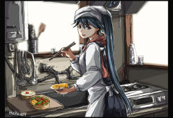 Rule 34 | 10s, 1girl, apron, bento, black eyes, black hair, chopsticks, commentary request, cooking, food, highres, houshou (kancolle), kantai collection, kappougi, kitchen, ladle, long hair, looking at viewer, seitei (04seitei), solo, stove, twitter username