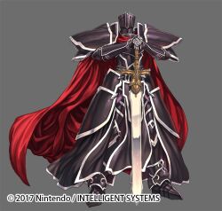 Rule 34 | 1boy, armor, black footwear, black knight (fire emblem), cape, company name, dated, facing viewer, fire emblem, fire emblem heroes, full body, gauntlets, grey background, helmet, izuka daisuke, nintendo, official art, planted, planted sword, planted weapon, red cape, simple background, solo, standing, sword, weapon