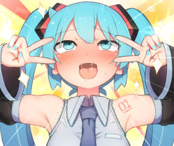 Rule 34 | 1girl, :d, abmayo, ahegao, aqua eyes, aqua hair, aqua nails, armpits, bare shoulders, black sleeves, blue necktie, blush, commentary request, detached sleeves, double v, emotional engine - full drive, fate/grand order, fate (series), grey shirt, hair ornament, hands up, hatsune miku, highres, long hair, nail polish, necktie, open mouth, saliva, shirt, shoulder tattoo, sleeveless, sleeveless shirt, smile, solo, sparkle, sparkle background, sunburst, sunburst background, sweat, tattoo, tearing up, twintails, upper body, v, v-shaped eyebrows, v over eye, vocaloid