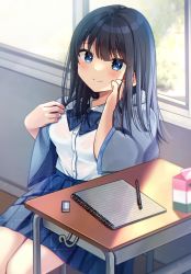 Rule 34 | 1girl, black hair, blue eyes, blue skirt, blush, breasts, chair, closed mouth, collared shirt, commentary request, day, desk, dress shirt, eraser, grey jacket, hair between eyes, highres, indoors, jacket, long hair, medium breasts, minami saki, notebook, on chair, open clothes, open jacket, original, pencil, pleated skirt, school chair, school desk, school uniform, see-through, shirt, sitting, skirt, smile, solo, wet, wet clothes, wet shirt, white shirt, window