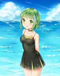 Rule 34 | 1girl, arms behind back, bare shoulders, black dress, black neckwear, blue sky, breasts, choker, cloud, cowboy shot, day, dress, flower, green eyes, green hair, gumi, hair flower, hair ornament, looking at viewer, ocean, open mouth, outdoors, short hair, sidelocks, sky, sleeveless, sleeveless dress, small breasts, smile, solo, standing, star (symbol), vocaloid, zhi (yammycheese)