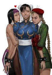 Rule 34 | 3girls, absurdres, angry, arm hug, bbubbubbobbo123, black hair, blonde hair, bracelet, braid, bun cover, cammy white, capcom, chinese clothes, chun-li, double bun, facial scar, girl sandwich, hair bun, han juri, heart, highres, holding hands, interlocked fingers, jewelry, looking at another, multiple girls, official alternate costume, pantyhose, puffy short sleeves, puffy sleeves, sandwiched, scar, scar on cheek, scar on face, short sleeves, simple background, smile, spiked bracelet, spikes, street fighter, street fighter v, sweatdrop, yuri