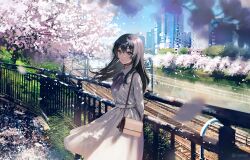 Rule 34 | 1girl, arms behind back, ay6as, bag, black hair, blue sky, blurry, building, cherry blossoms, cherry tree, city, closed mouth, collared dress, commentary request, day, depth of field, dress, floating hair, hair between eyes, handbag, highres, lips, long hair, looking at viewer, original, outdoors, overhead line, purple eyes, railing, railroad tracks, scenery, sky, skyscraper, smile, solo, standing, tree, white dress
