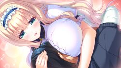 Rule 34 | 1boy, 1girl, blonde hair, blush, breast smother, breasts, embarrassed, eyebrows hidden by hair, face to breasts, game cg, green eyes, hand on another&#039;s head, hug, large breasts, long hair, looking at another, open mouth, original, satofuji masato, shinomiya ria, simple background, smile, upper body, wannabe creators
