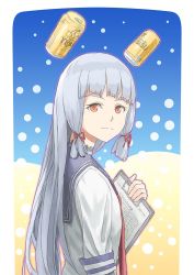 Rule 34 | 1girl, beer can, blue sailor collar, can, clipboard, commentary request, dress, drink can, hair ribbon, kantai collection, long hair, looking at viewer, looking back, murakumo (kancolle), necktie, orange eyes, red necktie, ribbon, sailor collar, sailor dress, short eyebrows, sidelocks, silver hair, solo, taruya, tress ribbon, yebisu