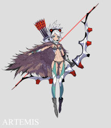 Rule 34 | 1girl, animal ears, arrow (projectile), artemis (mythology), blue eyes, bow (weapon), cape, character name, fake animal ears, full body, full-body tattoo, fur cape, gloves, greek mythology, grey background, highres, looking at viewer, original, palow, quiver, revealing clothes, scarf, single glove, solo, tattoo, weapon, white hair