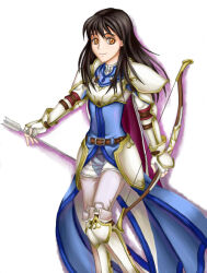 Rule 34 | 1girl, armor, arrow (projectile), astrid (fire emblem), black hair, bow (weapon), breastplate, cape, commentary request, fingerless gloves, fire emblem, fire emblem: radiant dawn, gloves, holding, holding bow (weapon), holding weapon, long hair, looking at viewer, nintendo, orange eyes, pauldrons, purple cape, purutoppu (toranohige), shoulder armor, smile, solo, weapon