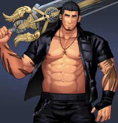 Rule 34 | 1boy, abs, bara, bare pectorals, beard, belt, black hair, chain, cowboy shot, facial hair, final fantasy, final fantasy xv, gladiolus amicitia, gloves, jacket, large pectorals, leather, male focus, manly, muscular, navel, nipples, open clothes, open jacket, over shoulder, pectorals, sakuramarusan, scar, short hair, smile, solo, sword, sword over shoulder, tattoo, weapon, weapon over shoulder