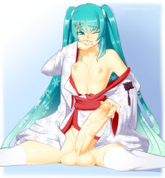 Rule 34 | 1girl, aqua eyes, aqua hair, blue background, breasts, covering own mouth, feet out of frame, futanari, gradient background, hair ornament, hairclip, hatsune miku, highres, japanese clothes, kimono, large penis, long hair, necrosmos, one eye closed, penis, shadow, sitting, small breasts, solo, testicles, thighhighs, twintails, veins, veiny penis, very long hair, vocaloid, white kimono, white thighhighs
