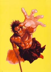Rule 34 | 1boy, absurdres, artbook, foreshortening, from above, full body, highres, inoue takehiko, male focus, miyamoto musashi, muscular, perspective, scan, solo, sword, vagabond, weapon
