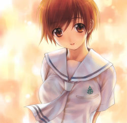 Rule 34 | 1girl, :d, arms behind back, brown eyes, brown hair, goto p, looking at viewer, neckerchief, open mouth, school uniform, serafuku, short hair, smile, solo, upper body