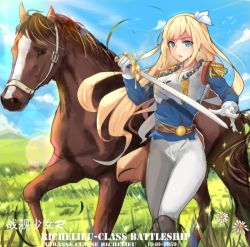 Rule 34 | 1girl, armor, belt, bird, blonde hair, blue hair, blue sky, boots, chinese text, cloud, day, english text, epaulettes, flower, gloves, grass, grasslands, hair ornament, hand up, holding, holding sword, holding weapon, horse, light particles, long hair, looking at viewer, mou zhi pingguo, open hand, open mouth, outdoors, pants, richelieu (warship girls r), sky, sunlight, sword, warship girls r, weapon, white flower, white gloves, white pants, wind