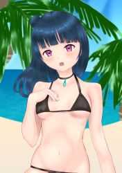 Rule 34 | 1girl, absurdres, artist name, artist request, bare shoulders, black choker, blue hair, blue sky, blush, breasts, caffeine2133, choker, cleavage, cloud, collarbone, female focus, hair bun, highres, jewelry, long hair, looking at viewer, love live!, love live! sunshine!!, necklace, outdoors, parted lips, pendant, purple eyes, single hair bun, sky, small breasts, smile, solo, tree, tsushima yoshiko