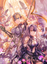 Rule 34 | 2girls, architecture, armor, armored dress, bare shoulders, bird, black gloves, black legwear, blonde hair, blue eyes, chain, closed mouth, commentary request, dual persona, elbow gloves, fate/apocrypha, fate/grand order, fate (series), flag, flower, fur-trimmed legwear, fur-trimmed sleeves, fur trim, gauntlets, gloves, headpiece, highres, indoors, jeanne d&#039;arc (fate), jeanne d&#039;arc (ruler) (fate), jeanne d&#039;arc alter (avenger) (fate), jeanne d&#039;arc alter (avenger) (third ascension) (fate), jeanne d&#039;arc alter (fate), long hair, multiple girls, navel, petals, pink flower, pink rose, rioka (southern blue sky), rose, yellow eyes