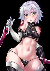 Rule 34 | 1girl, absurdres, arm belt, bandaged arm, bandages, black background, black panties, black thighhighs, breasts, cameltoe, cowboy shot, dagger, dual wielding, facial scar, fate/apocrypha, fate/grand order, fate (series), gloves, green eyes, highres, holding, holding dagger, holding knife, holding weapon, jack the ripper (fate/apocrypha), knife, lowleg, lowleg panties, miyabi urumi, navel, panties, scar, scar across eye, scar on cheek, scar on face, shoulder tattoo, simple background, single glove, small breasts, solo, tattoo, thighhighs, underwear, weapon, white hair