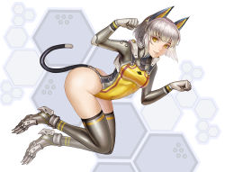 Rule 34 | 10s, 1girl, 2015, animal ears, breasts, cat ears, cat tail, claws, grey thighhighs, hexagon, lieqi hun, light smile, looking at viewer, original, paw pose, science fiction, short hair, silver legwear, small breasts, solo, tail, thighhighs, thighs, white hair